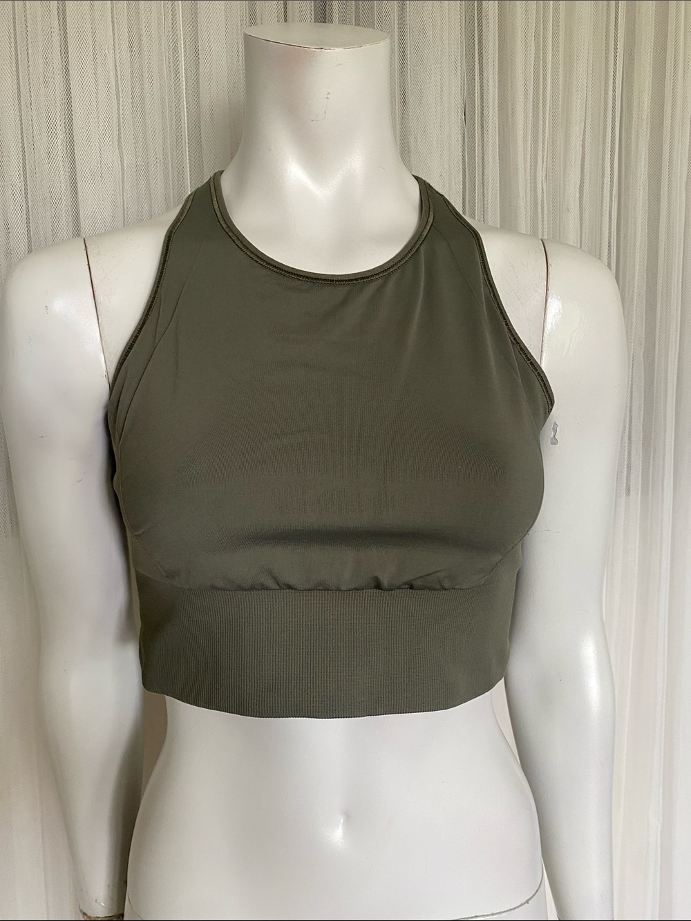 Lululemon High Neck Olive Green Cropped Racer Back Sports Bra Size 10